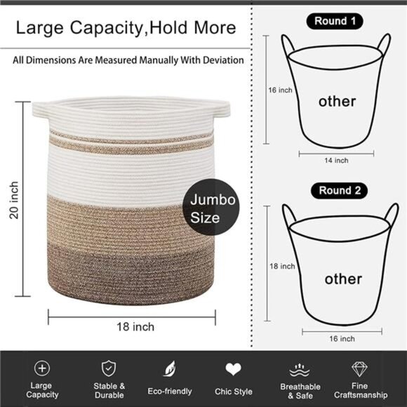 80L Laundry Baskets Hamper with Handles,Decorative Basket for Living room,Woven - Picture 4 of 6
